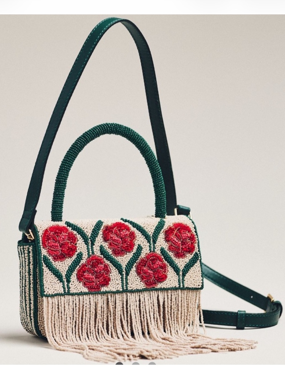 Anthropologie Beaded Fringe Floral Top-Handle Handbag
